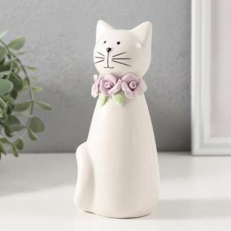 Souvenir Ceramics "Cat White sitting with a flower collar" 6.5x6.2x14.3 cm-3