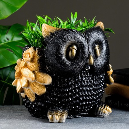 Figure pot "Owl" black with gold, 28x26cm-1