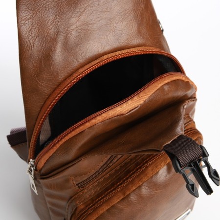Male sling bag made of artificial leather, with USB, brown color-4