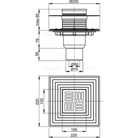 Alcaplast APV4344, 105 × 105/50/75 mm, direct runoff, hydraulic staining and wet and wet-1