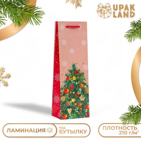 New Year. New Year's gift package for a bottle, packaging "Beautiful Christmas tree", 12 x 36 x 8.5 cm.