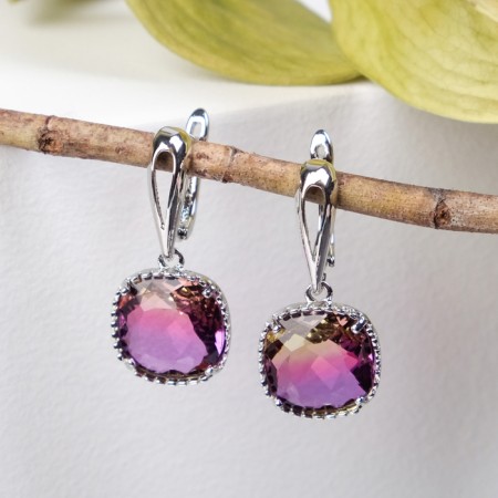Earrings with “Illusion” rhinestones, a smooth square, raspberry-yellow color in silver-1