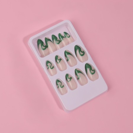 Pattern overhead nails, 24 pcs, with adhesive plates, almond shape, milk/green color-2