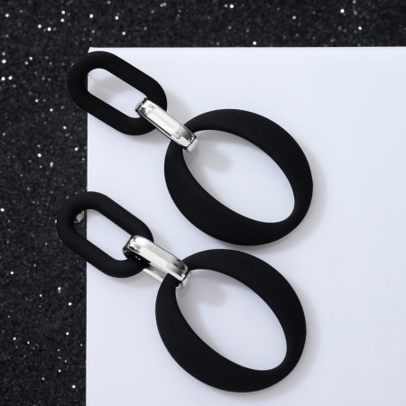 Earrings Metal “Chain” Ring and Oval, 3 links, silver-black color-1