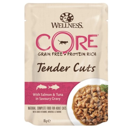 Wet Core Tender Cuts for cats, salmon/tuna, slicing in sauce, spider, 85 g