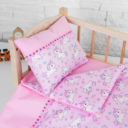Bed linen for dolls "Unicorn on Pink", sheet, blanket, pillow-1