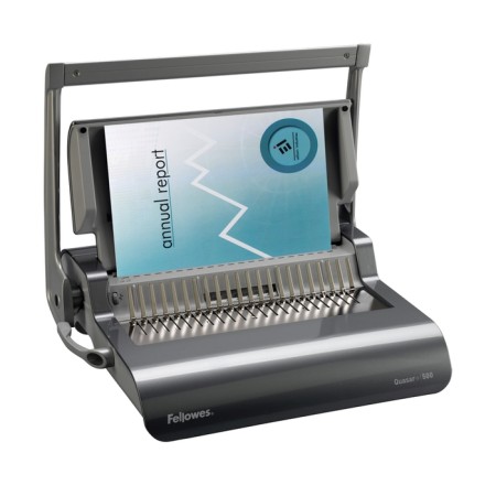 A brochure for a plastic spring, perforation is up to 25 sheets, weaves up to 500 sheets, Fellowes quasar+