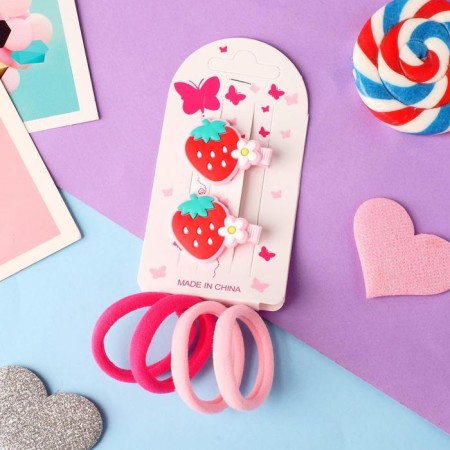 Caramel hair set (4 elastic bands, 2 clamps) strawberries, 3.5x2.5 cm, red-pink