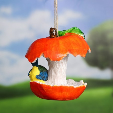 Suspended feeder for the garden and the cottage "Red Apple with a bird" from the polystone, 14cm, small-3