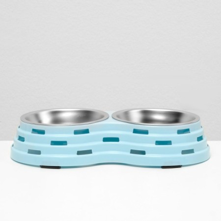 Metal dual bowl on a plastic base 2 x 160 ml, 25 x 14 x 5 cm, blue-4