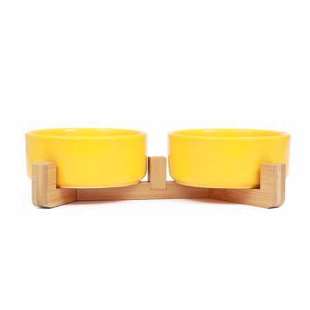 Double ceramic bowls on a stand of 2 x 450 ml 28.5 x 15.5 x 7 cm, yellow-3