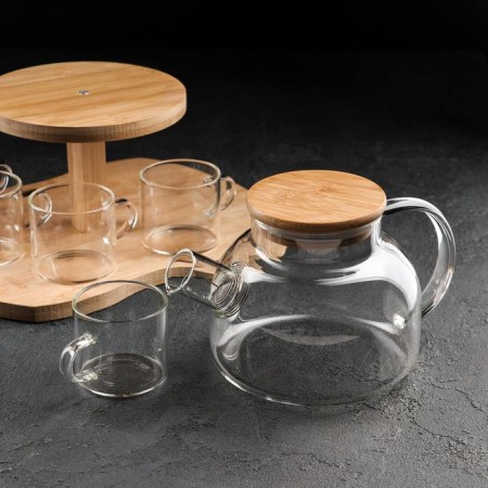Glass Tea Set on an Eco wooden stand, 7 items: kettle 1.1 liters, 5 mugs 120 ml, stand-2