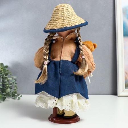 Doll Collectible Ceramics "Susie in a jeans dress, hat and with a bear" 30 cm-3