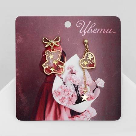 Earms enamel "Bear" and heart, romance, white-pink color in gold