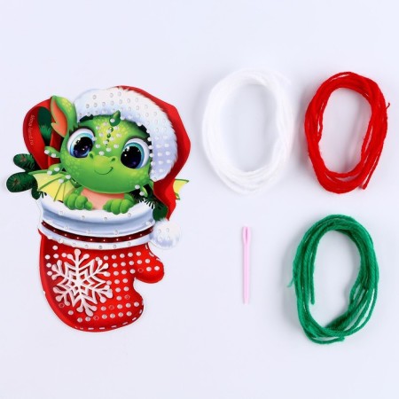 Set for creativity. Embroidery with a yarn "Dragon in a hat" on cardboard-2