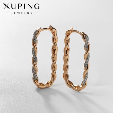 Earrings with rhinestones Xuping interweaving, pigtail, white color in pink gold