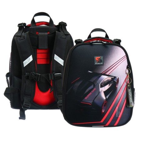 School backpack 38 x 30 x 16 cm, ergonomic back, Stavia "Super Car", black/red