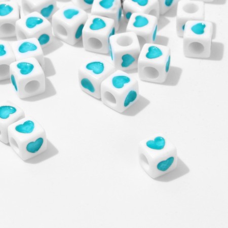 Acrylic bead "Heart", cube 7 × 7 mm, set 10 g, white-turquoise color-1