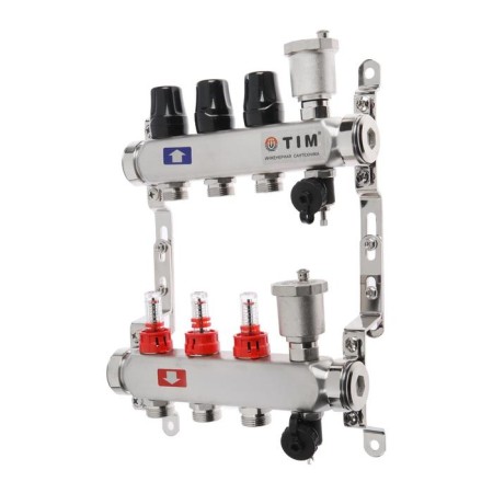 Collector group TIM KCS5003, 1 "x 3/4", 3 exits, flow meters, without taps, stainless steel. steel