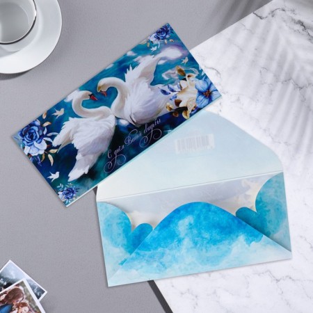 Money envelope "Happy Your Wedding Day!" swans, blue background, 17x8.5 cm