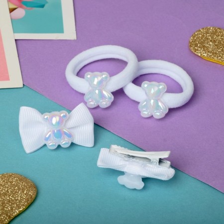 Hair set "Cute" (2 clamps 3.5 cm, 2 elastic bands) Bear white-2
