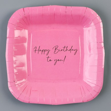 Disposable plate square paper "Happy Birthday", pink, 16.5x16.5 cm-1