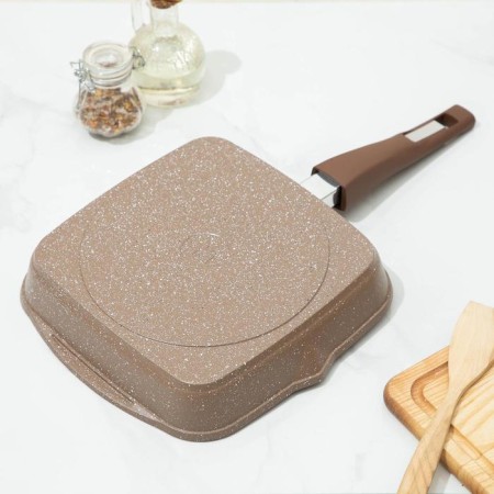 Granite Grill pan, 24 × 24 cm, removable handle, glass cover, anti-stick coating, brown color-3