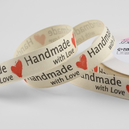 Cotton tape "Handmade with love", 15 mm, 23 m ± 1 m, beige color