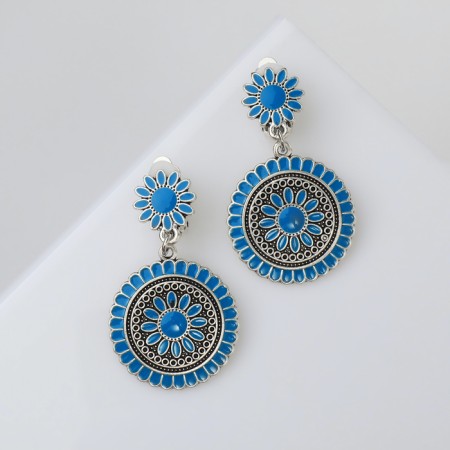Clips "Ethnic" Flower circles, blue color in black silver-1