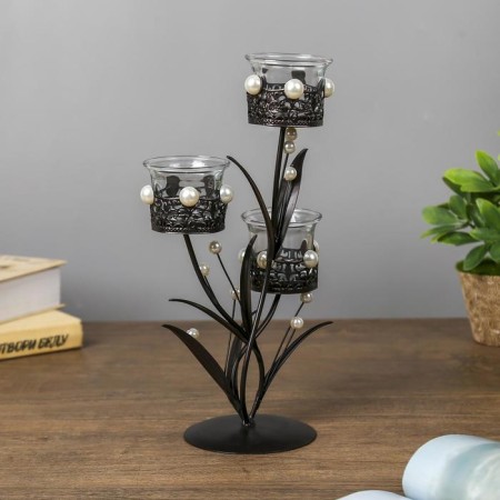 Summary metal, glass for 3 candles "openwork with pearls" black 29x15x11.5 cm-4