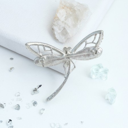 Brooch "Dragonfly" fluttering, white color in silver-1