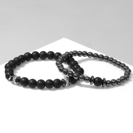 Set 2 Bracelet "Hematite" ball, d = 6, d = 8, black and white color in silver-1