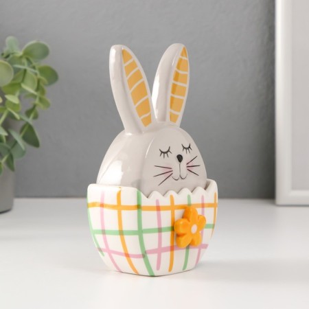 Coramics box "Bunny in an egg in a cell, with a flower" gray-yellow 8x5.4x14.2 cm-3