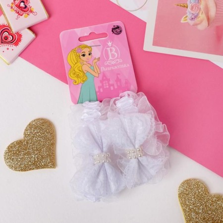 Hair elastic band "Ryushi" (set 2 pcs) bows with beads and lace, white