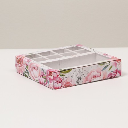 Box for 8 sweets + chocolate, with a window, peonies, 17.7 x 17.85 x 3.85 cm-1