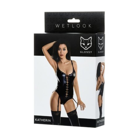 Women Body Glossy Katherin from Wetlook material on lacing, black, XL-4