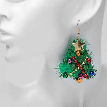 New Year! Earrings "New Year" Christmas tree with a garland, colored in gold-2