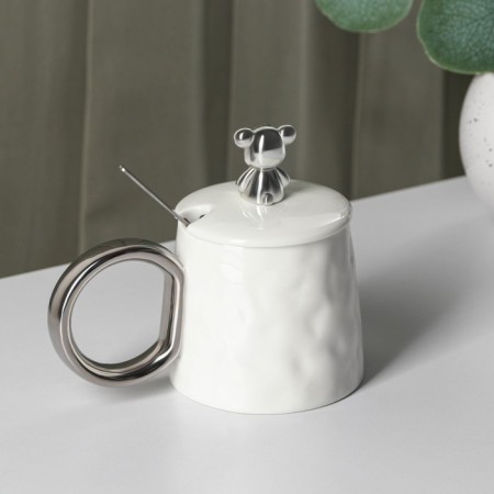 Ceramic mug with a spoon "Stylish Bear", 320 ml, white color-1
