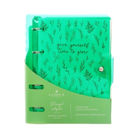 A notebook on rings A5 120 sheets in the Lorex "Neon. Green" cage, with a change of block, a plastic cover, with stickers-7