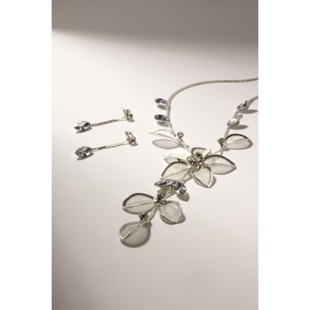 Set 2 objects: earrings, necklace "sophistication" a winter flower, white in silver, 40cm-1