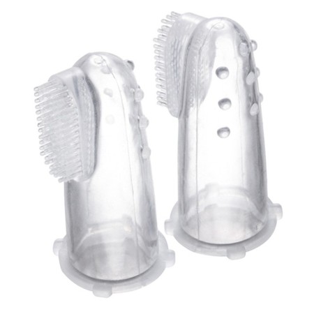 The toothbrush "First", silicone with massage protrusions, on a finger, in a container