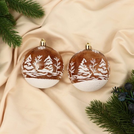 Set of balls plastic D-8 cm, 2 pcs "Winter Fairy Tale" Forest, white-brown