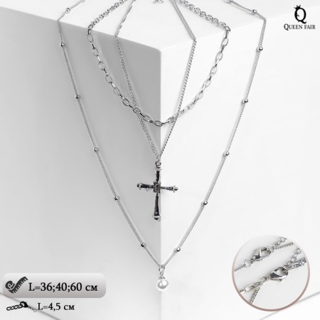 Piece "chain" Cross with pearls, white color in silver, l = 60 cm