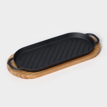 Cast iron pan “Oval Grill”, 43 × 16.5 × 2.5 cm, with handles, on a wooden stand