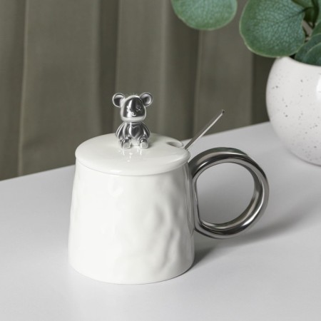 Ceramic mug with a spoon "Stylish Bear", 320 ml, white color