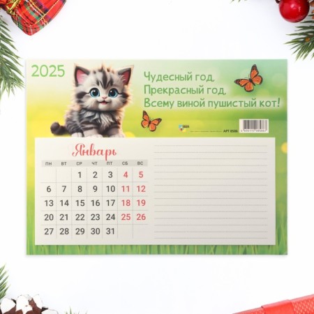 The calendar torn on the magnet "Cat - 1" with a block for records, 2025, 15 x 20 cm