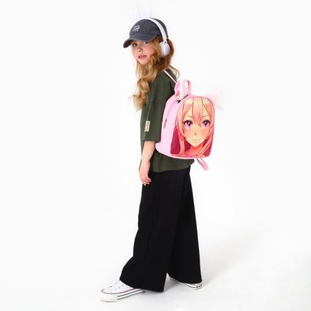 School textile backpack with ears on the hairpins "Anime", 27x23 cm, pink color-13