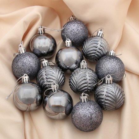 Set of balls plastic D-5 cm, 12 pcs "New Year's branches" gray