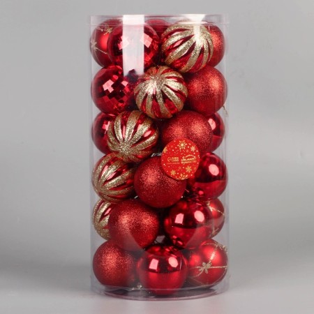 Set of balls plastic D-5.5 cm, 30 pcs "Agnet" strip pattern, golden red-1