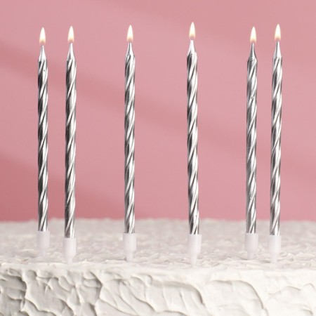 Candles in the Cake "Metallic", 14cm, 6pcs with a stand, silver-4